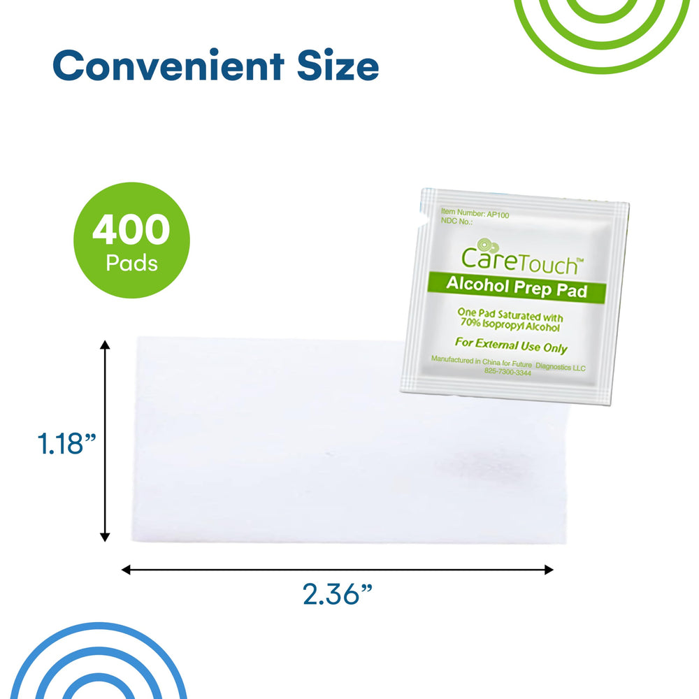 Care Touch sterile 2-ply alcohol prep pads for precise, compact cleansing.