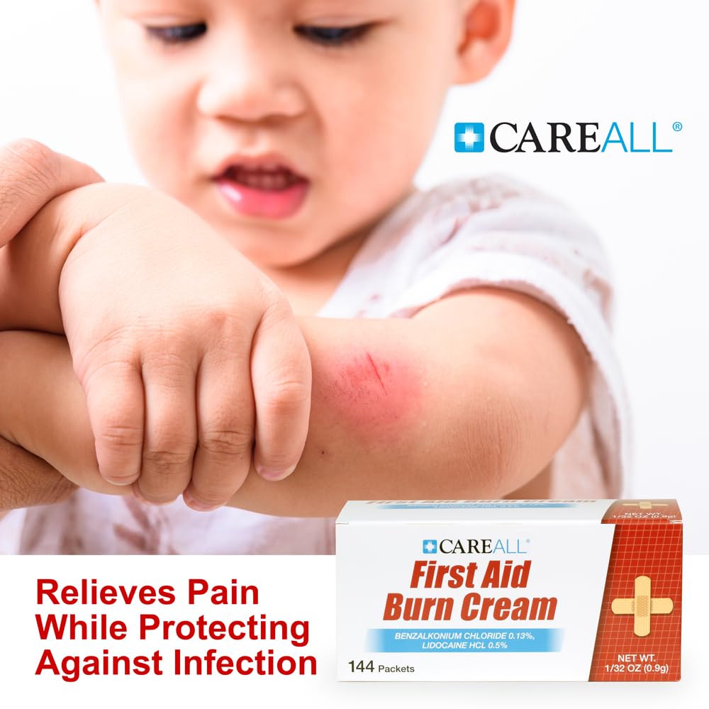 CareAll burn cream foil packet closeup highlighting easy tear packaging for quick relief.