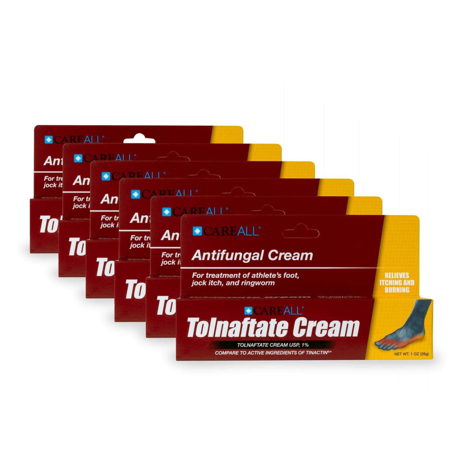 CareAll Tolnaftate cream on feet and toes for athlete’s foot use.