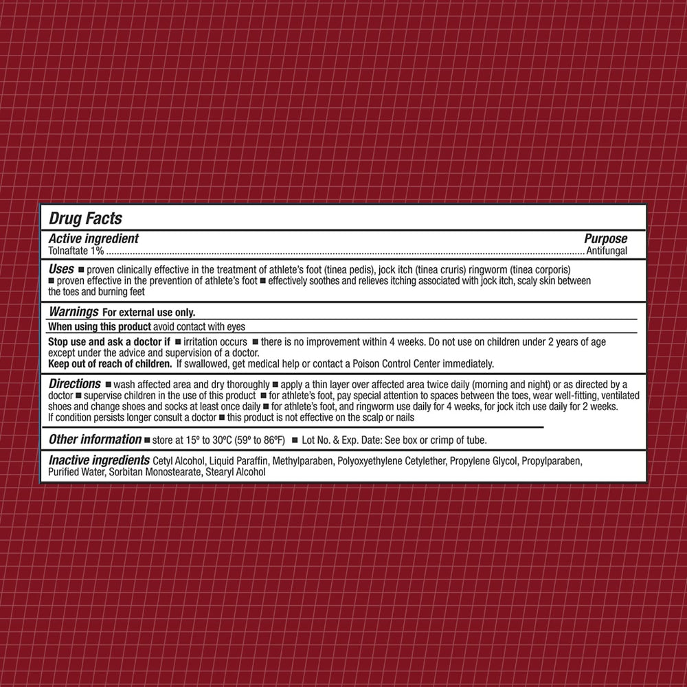 Close-up of Tolnaftate label highlighting 1% active ingredient and branding.