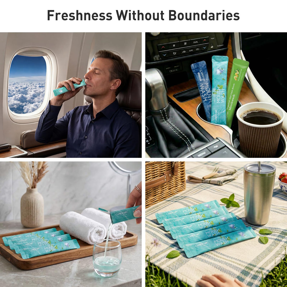 CAREFOR fluoride-free mouthwash in a travel packet for natural care