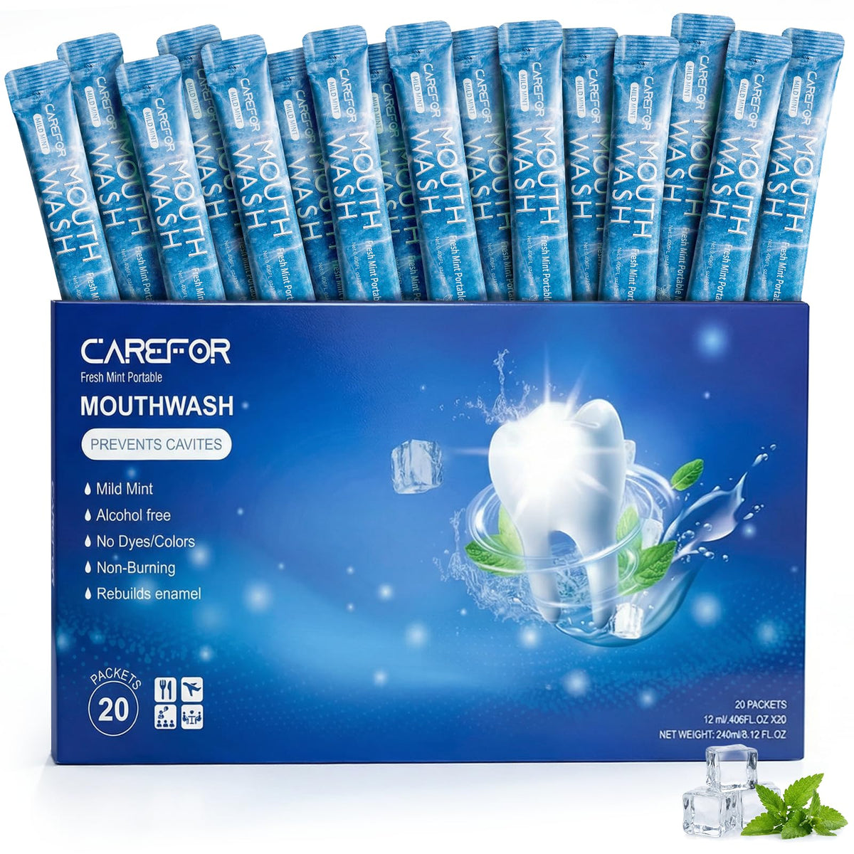 CAREFOR Mouthwash travel-size icy mint packets for on-the-go freshness