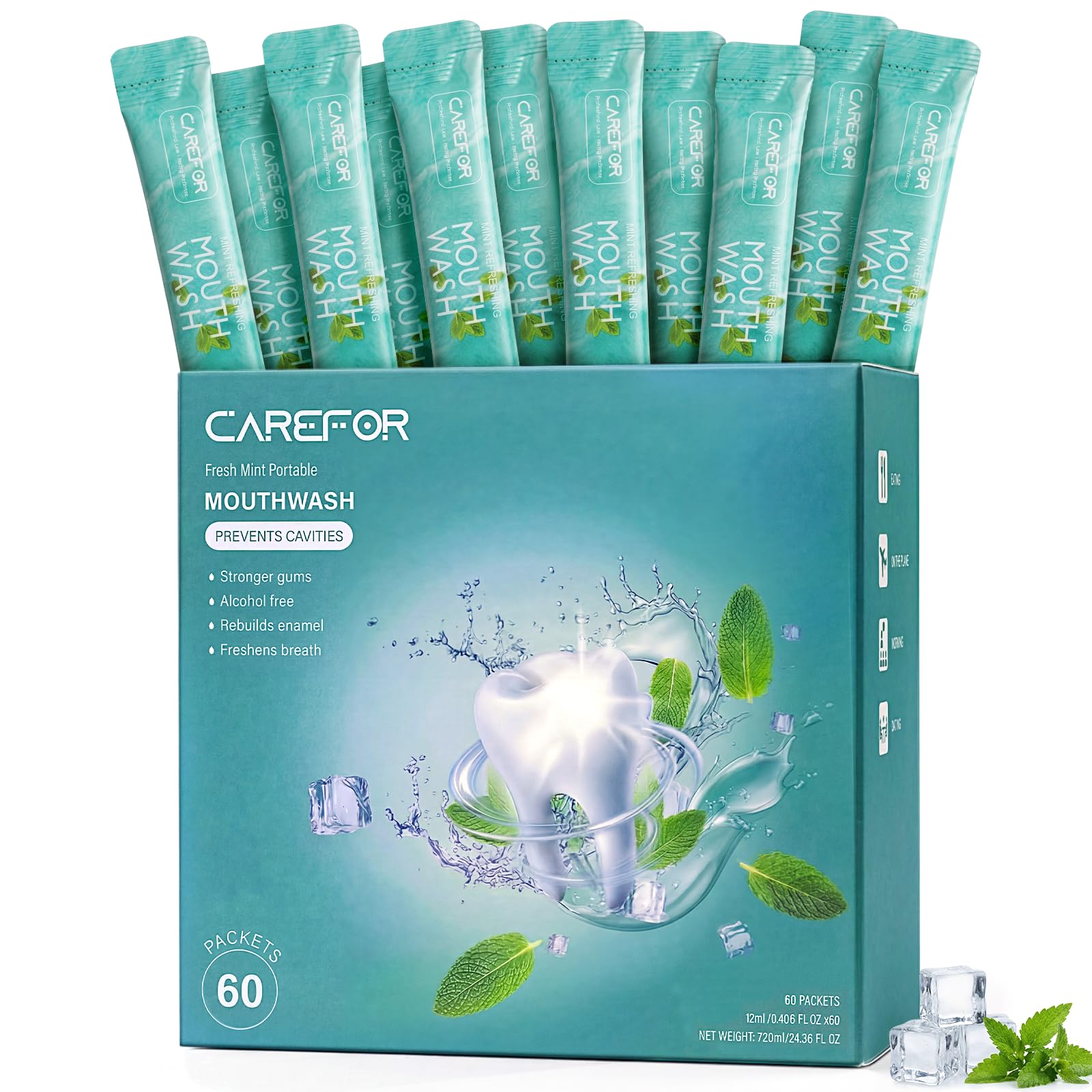 CAREFOR mouthwash travel-size packets shown for on-the-go freshness