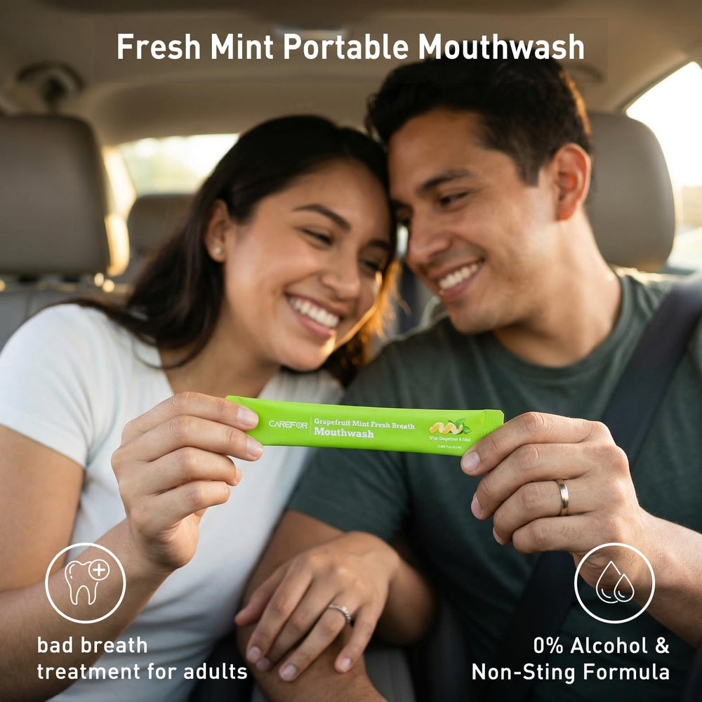 CAREFOR on-the-go tear-pour-gargle packets ready for quick use.