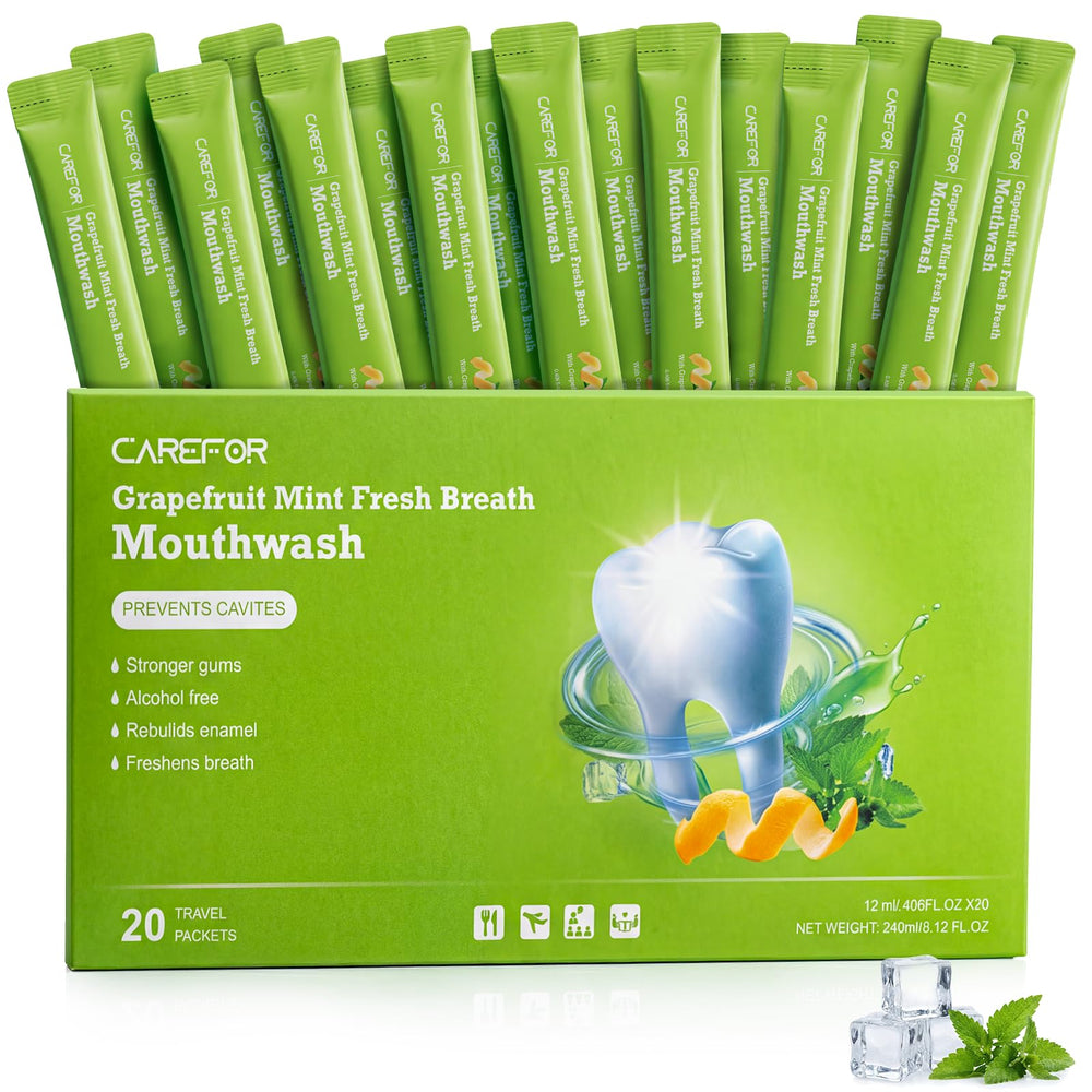 CAREFOR travel mouthwash packets shown for on-the-go freshness.