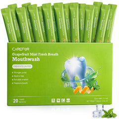 CAREFOR travel mouthwash packets shown for on-the-go freshness.