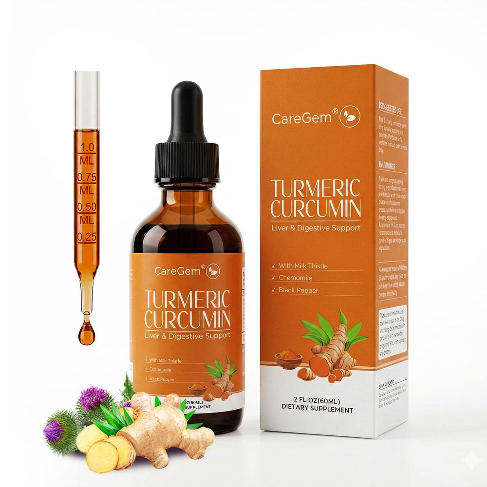 CareGem Turmeric Curcumin Drops bottle shown for convenient daily use and potential support