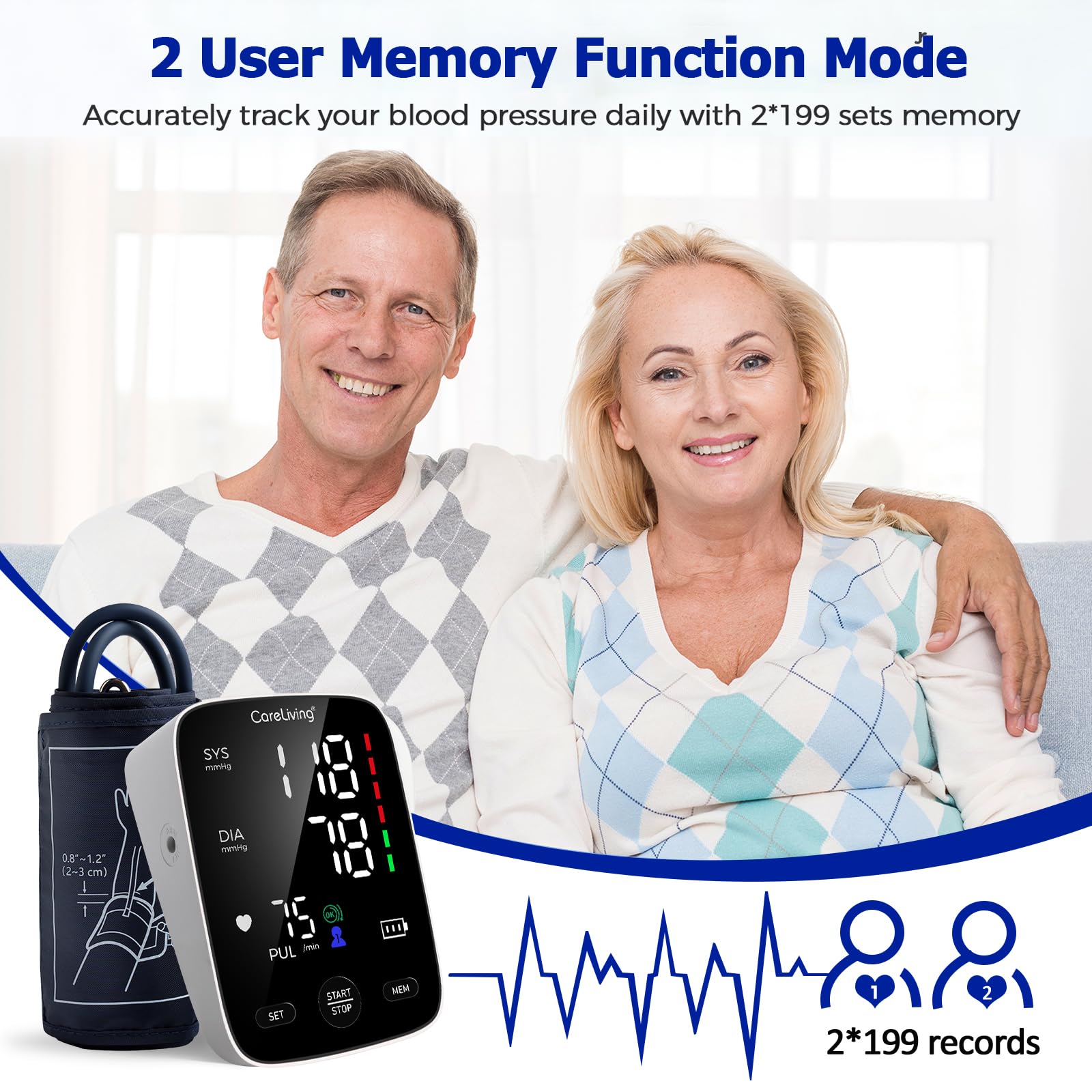 CareLiving Blood Pressure Monitor adjustable cuff fits 8.7 to 16.5 inches.