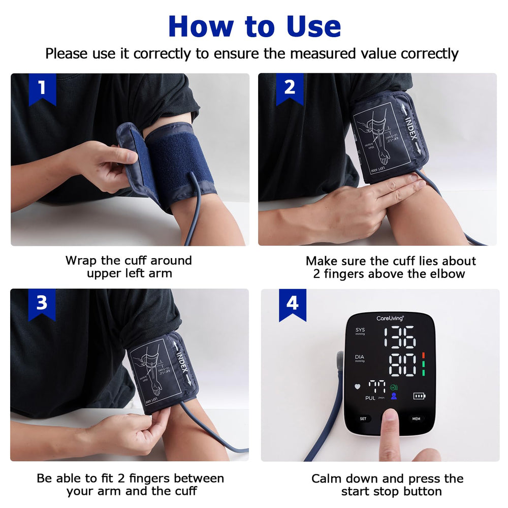 CareLiving Blood Pressure Monitor USB-C charging and battery power options.