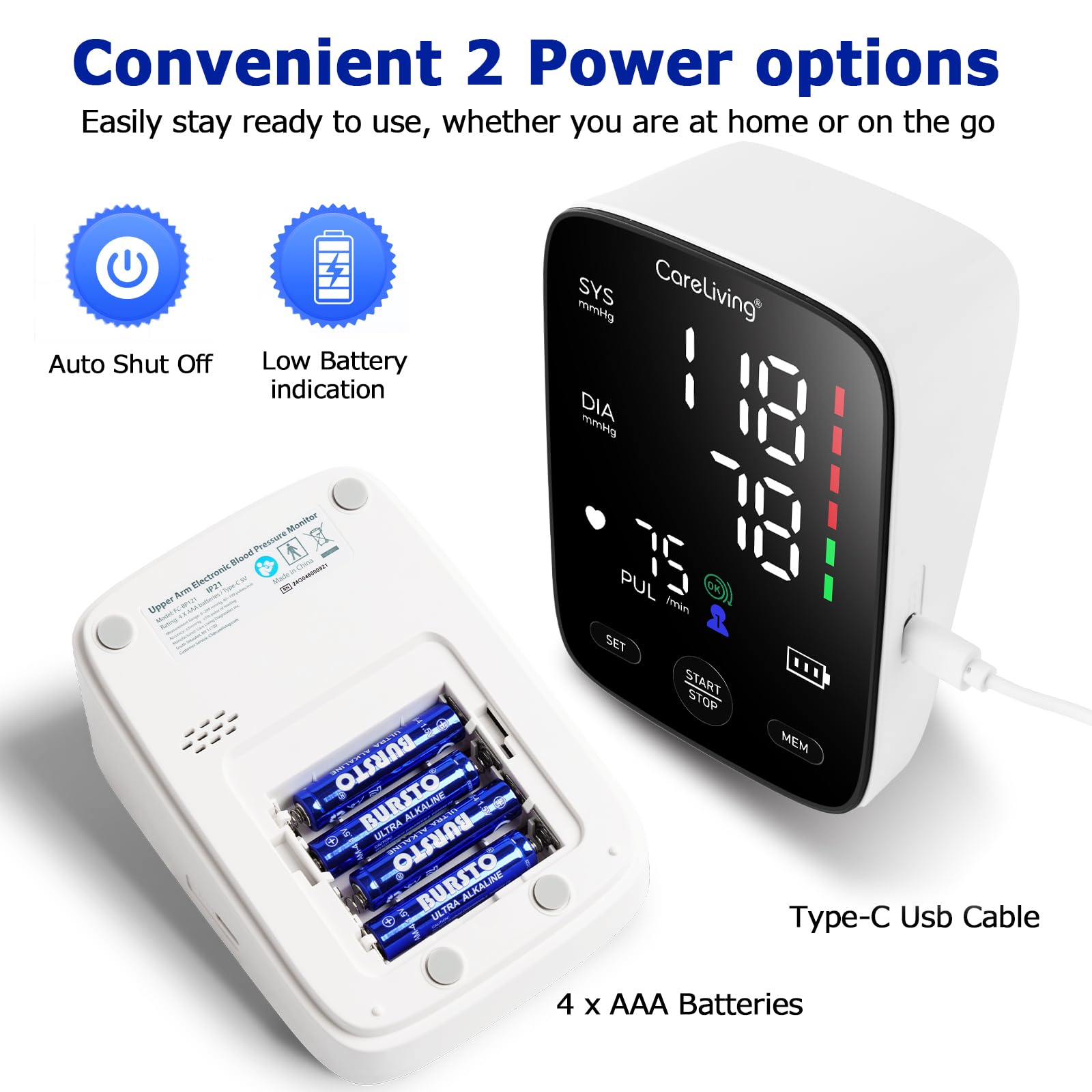 CareLiving Blood Pressure Monitor two-user mode for family tracking.