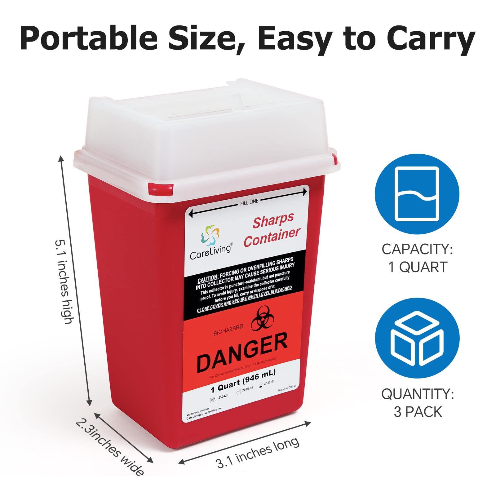 CARELIVING Sharps Container detachable lid design keeps contents secure.