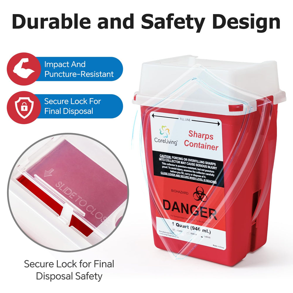 CARELIVING Sharps Container leak-proof lid can be securely locked for safety.