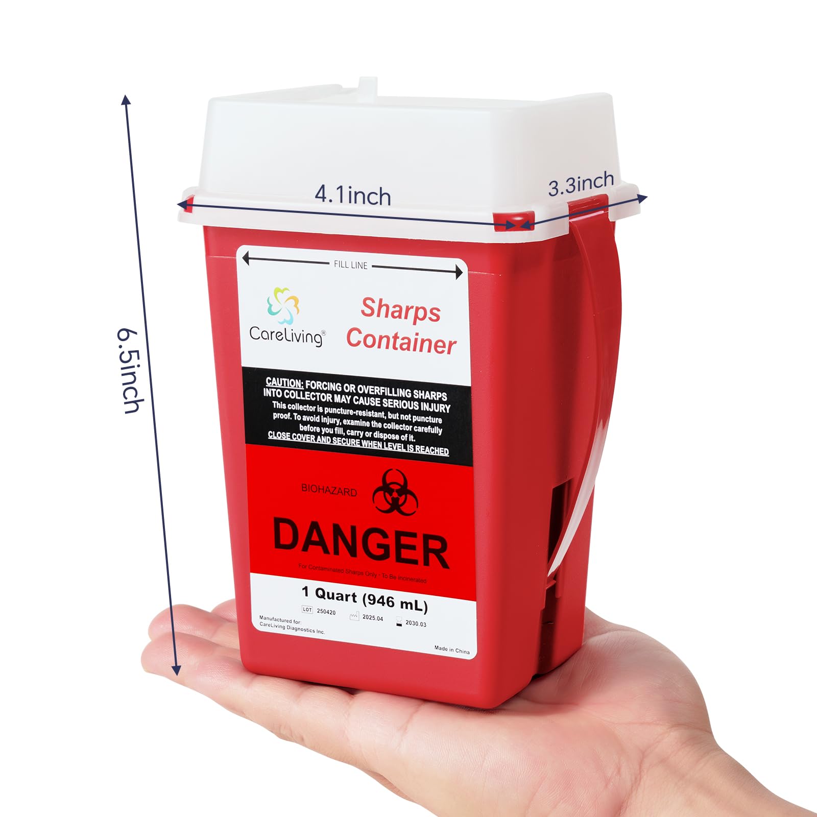 CARELIVING Sharps Container puncture-resistant plastic protects during transport.