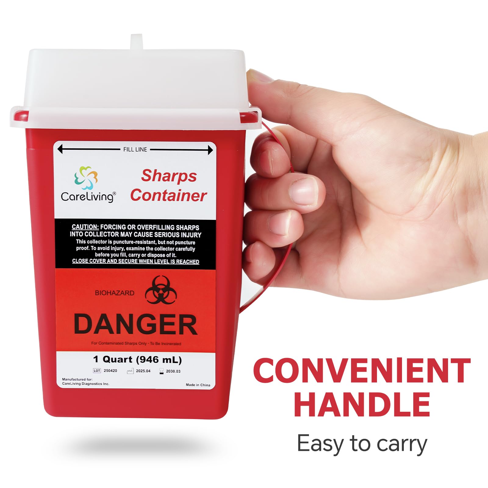CARELIVING Sharps Container semi-transparent lid helps monitor fill levels.