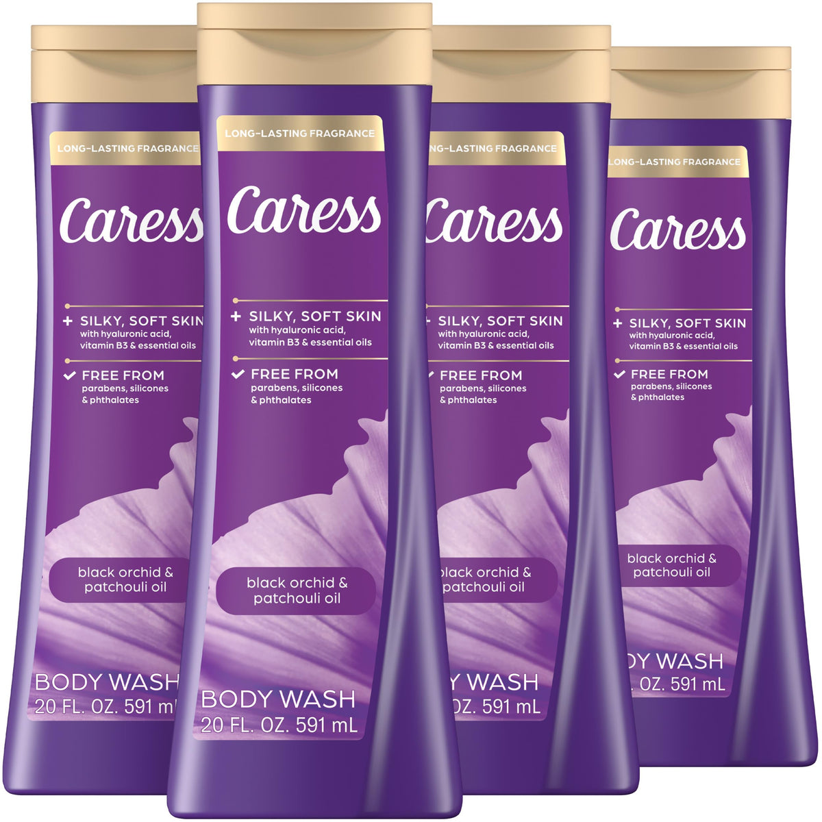 Caress Black Orchid & Patchouli Body Wash bottle front, long-lasting fragrance.
