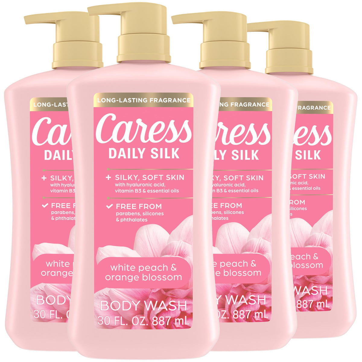 Caress Daily Silk bottle pump delivers a rich lather for a refreshing shower.
