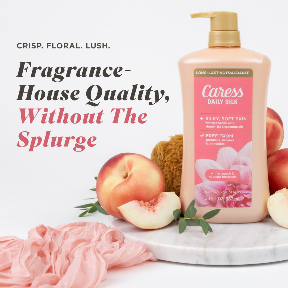 Caress Daily Silk white peach notes waft subtly, brightening your shower mood.