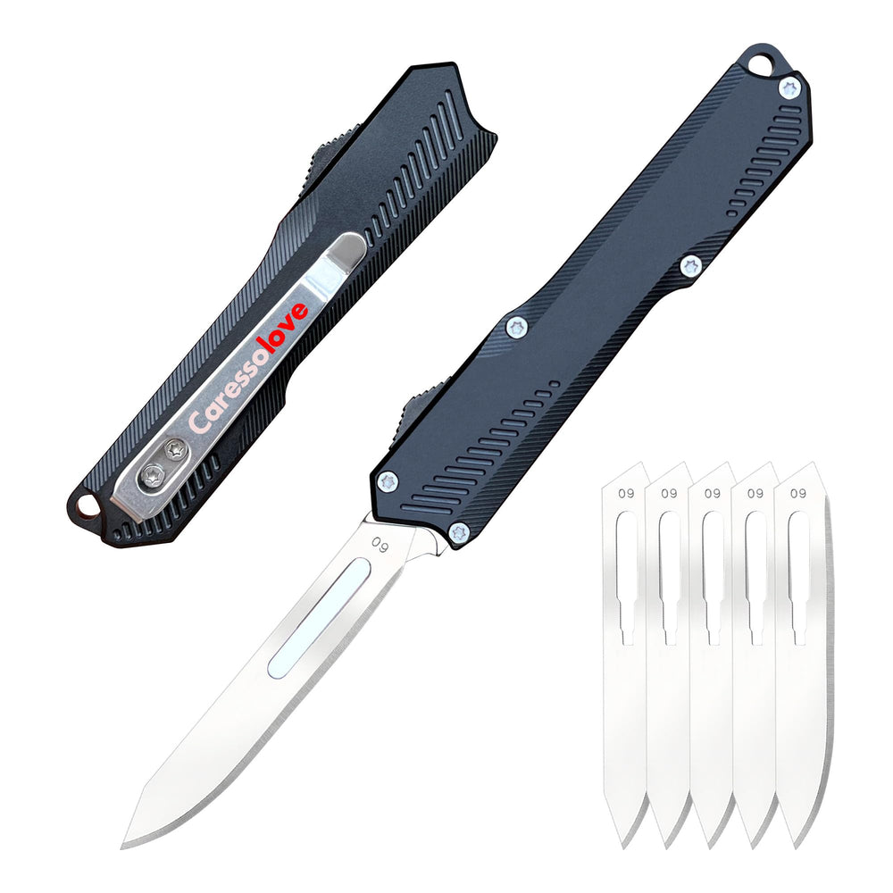 Caressolove automatic scalpel knife with retracting action for quick, safe cuts.
