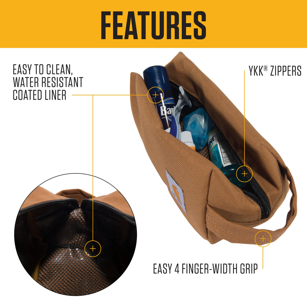 Carhartt durable travel kit side-handle detail highlights easy carrying and quick access.