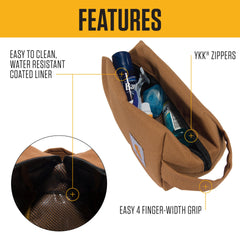 Carhartt durable travel kit side-handle detail highlights easy carrying and quick access.