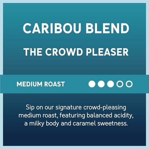Caribou Coffee bag label details emphasize sustainability and handcrafted quality.