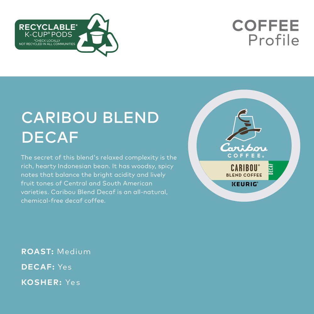 Caribou Blend Decaf K-Cup box front for easy Keurig use