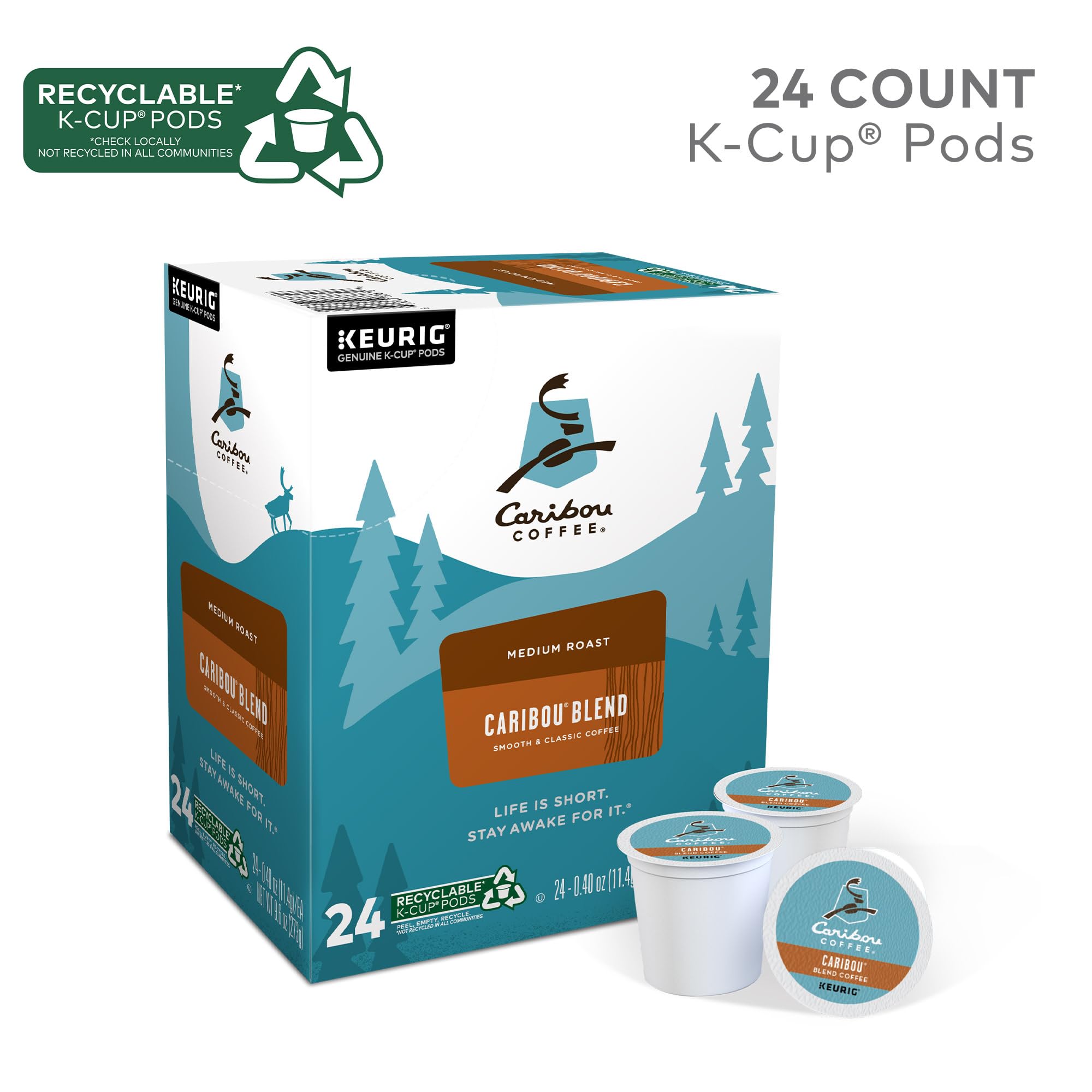 Caribou Coffee Caribou Blend pack shot shows 24-count convenience for Keurig brewers