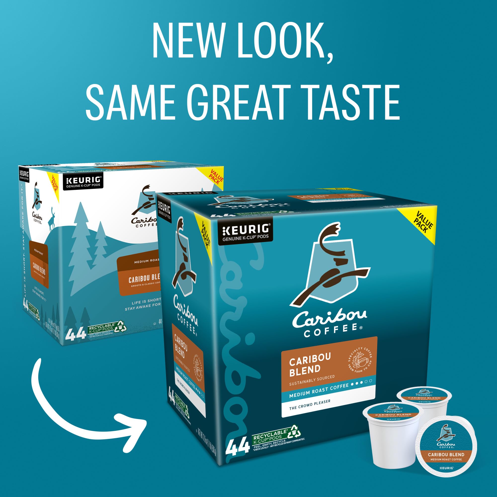 Steam rises from a mug featuring Caribou Blend, offering a comforting, consistent cup.