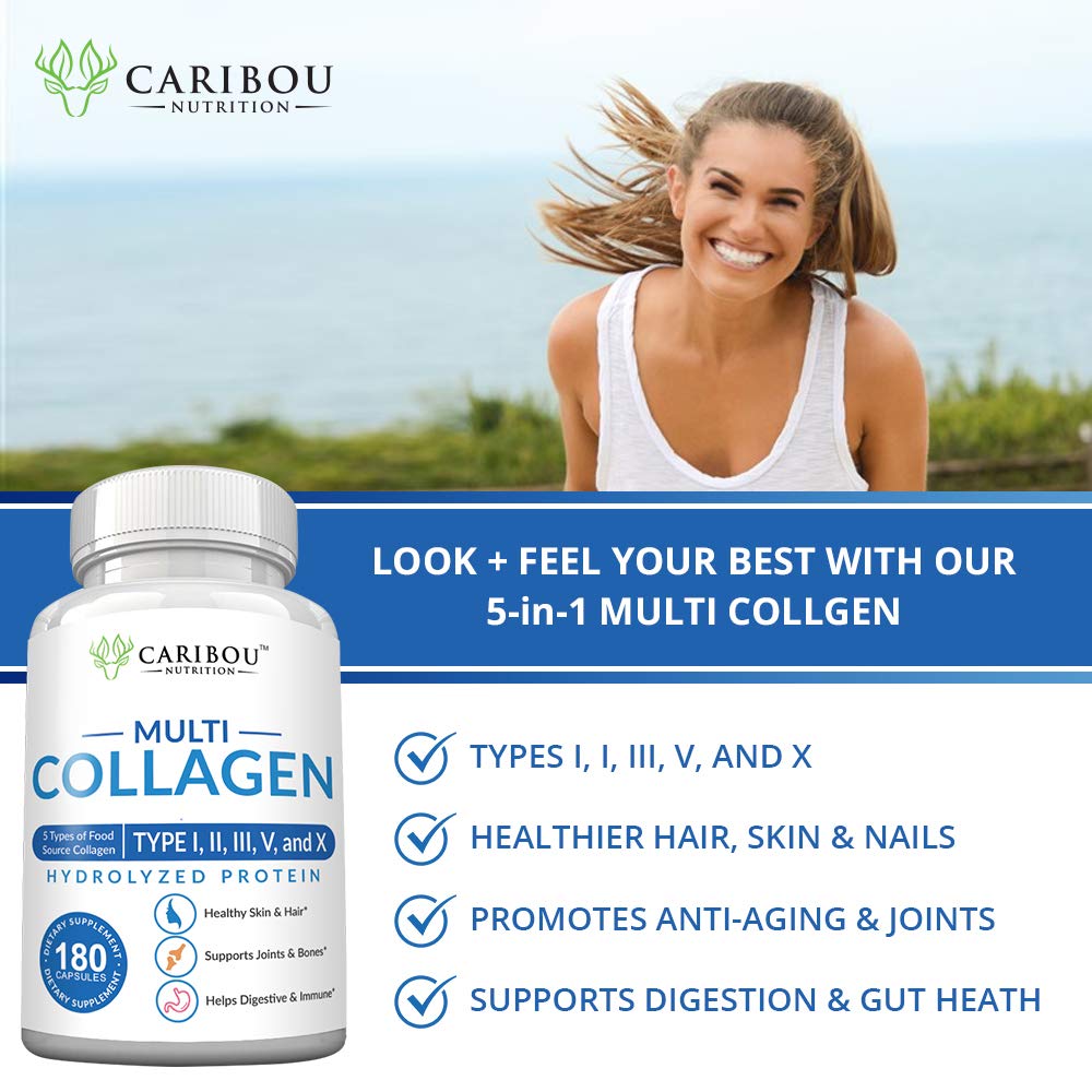 Label on Caribou Nutrition collagen showing Types I–X for a comprehensive blend.