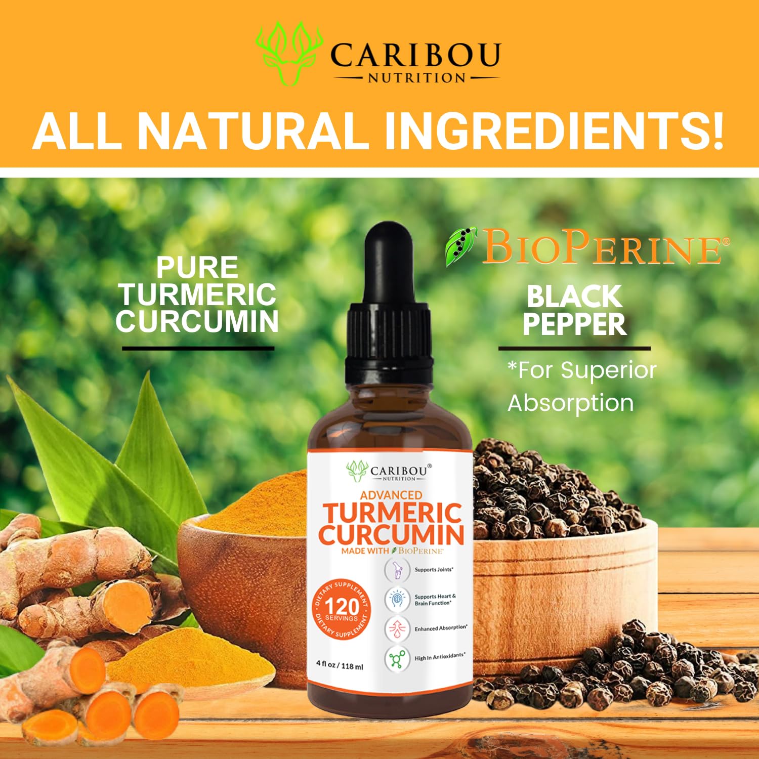Caribou Nutrition liquid turmeric daily serve drops for easy use.