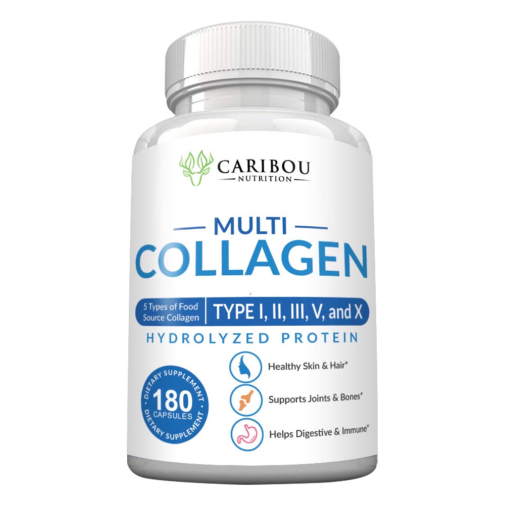 Caribou Nutrition multi collagen pills bottle with 180 capsules for joint and tissue support.