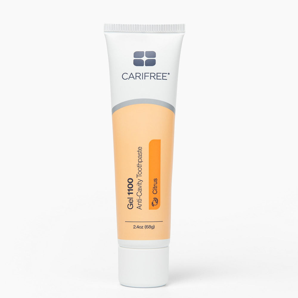 CariFree Gel 1100 citrus toothpaste tube for enamel protection and fresh flavor.