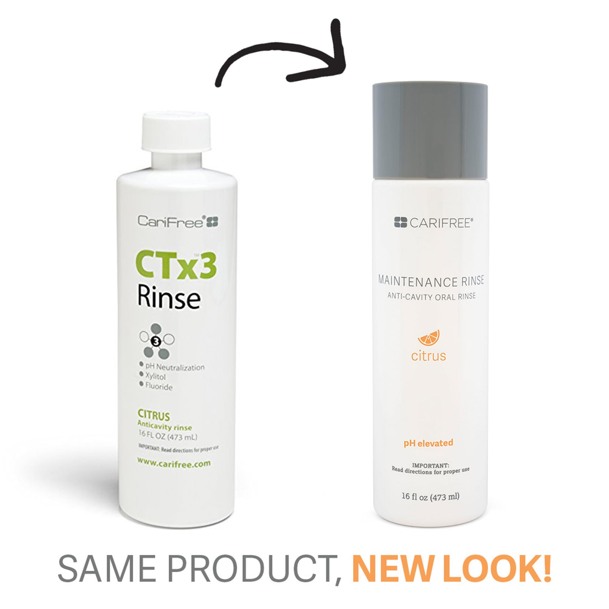 CariFree Maintenance Rinse neutral pH icon suggests a balanced mouth environment.