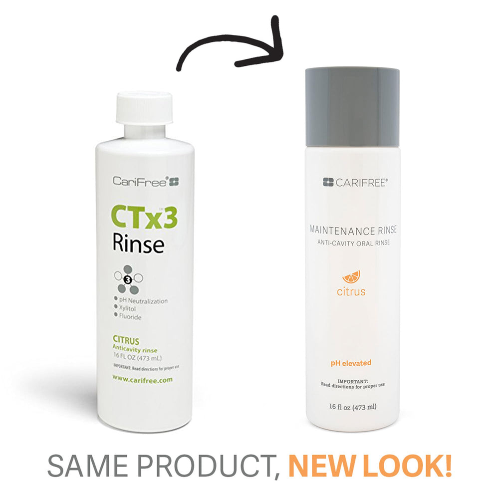 CariFree Maintenance Rinse neutral pH icon suggests a balanced mouth environment.
