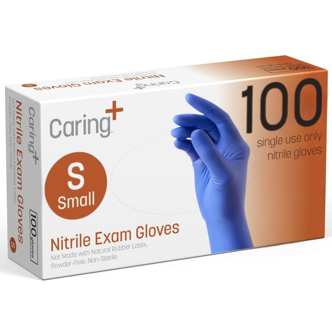 Caring Nitrile Exam Gloves 100ct box with textured fingertips for precise grip.