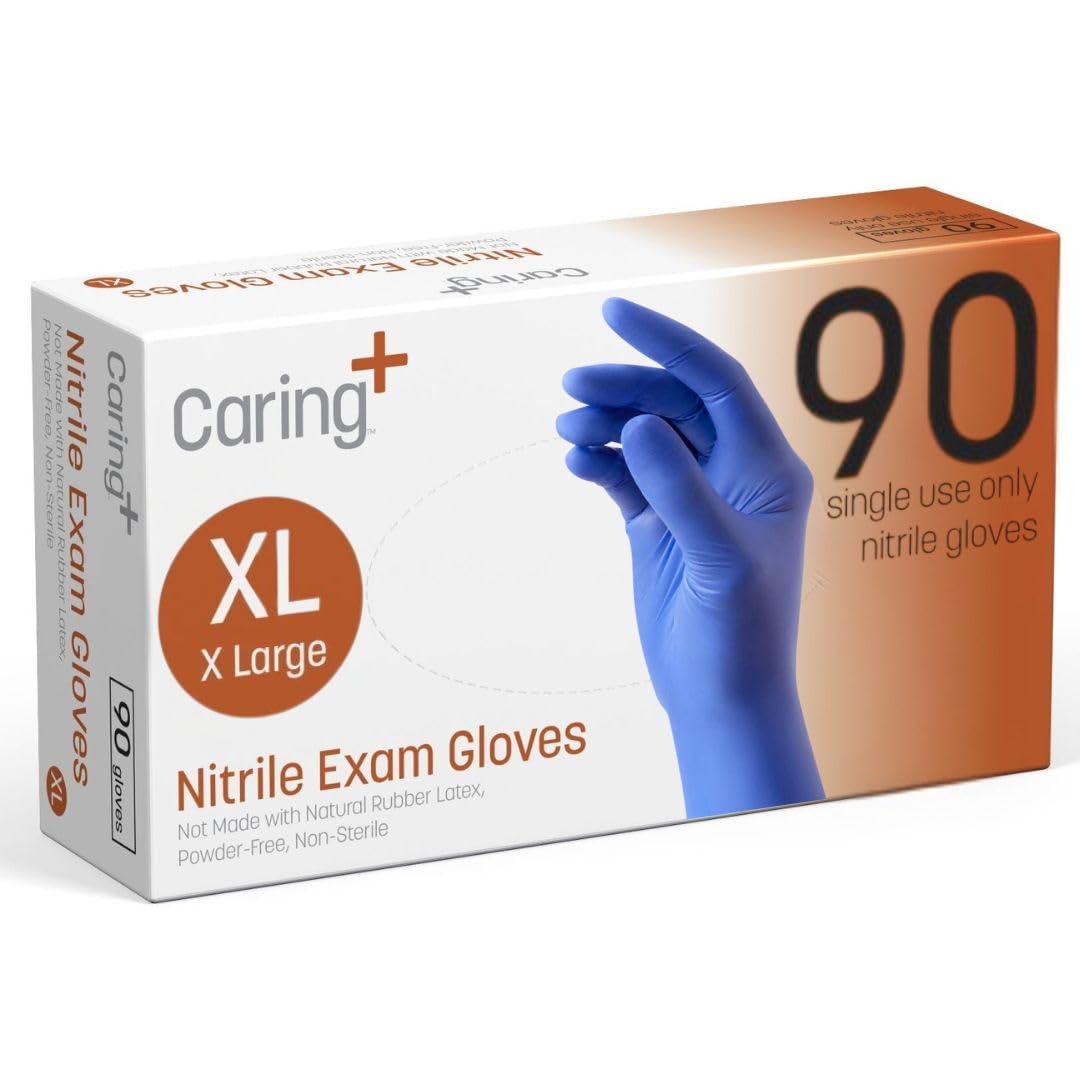 Caring nitrile gloves 90ct box, versatile protection for medical tasks and food prep.