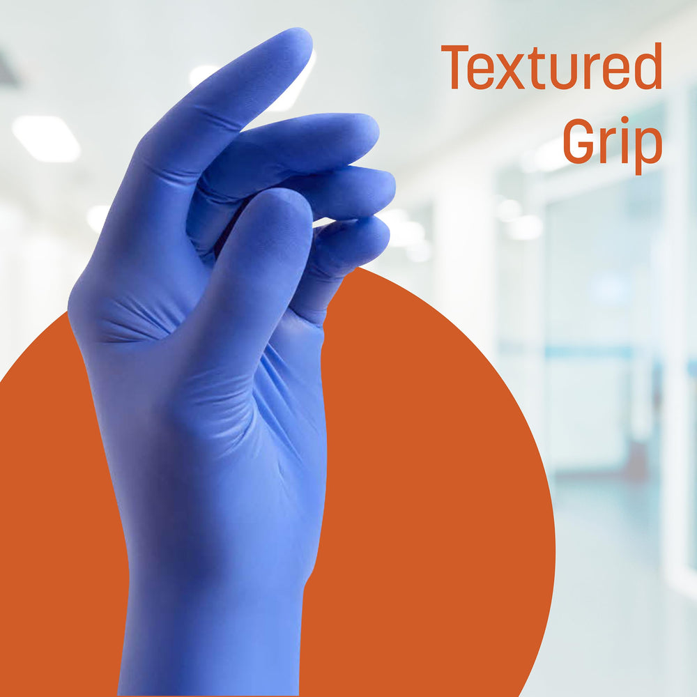 Textured fingertips on Caring nitrile gloves for better grip.