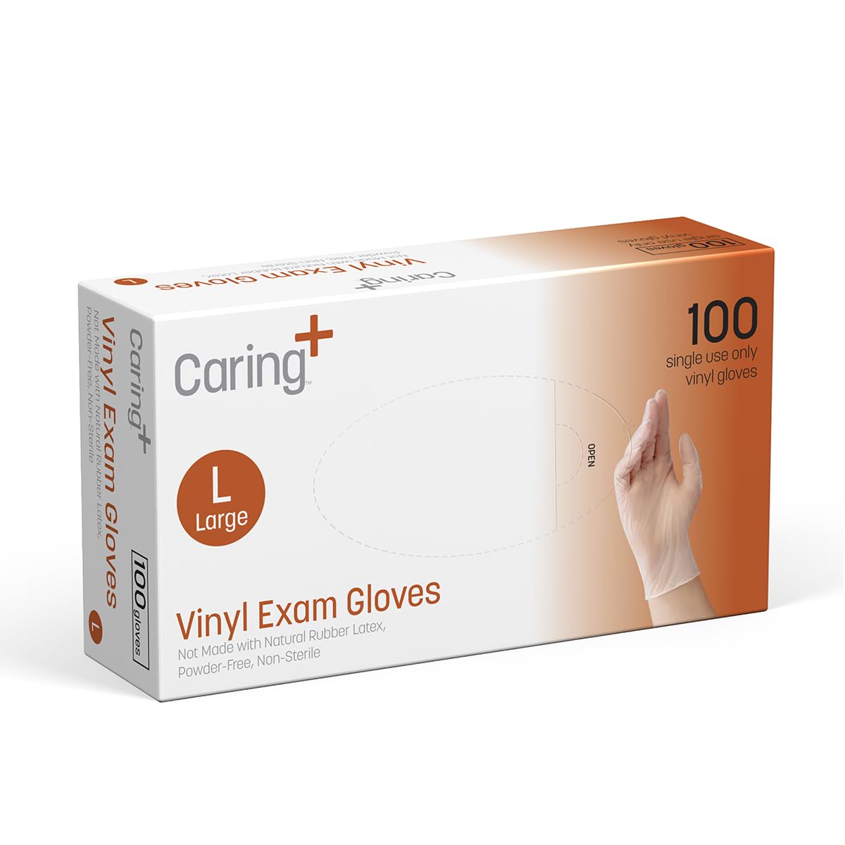 Caring Vinyl Exam Gloves medium size 100-count for medical and home tasks.
