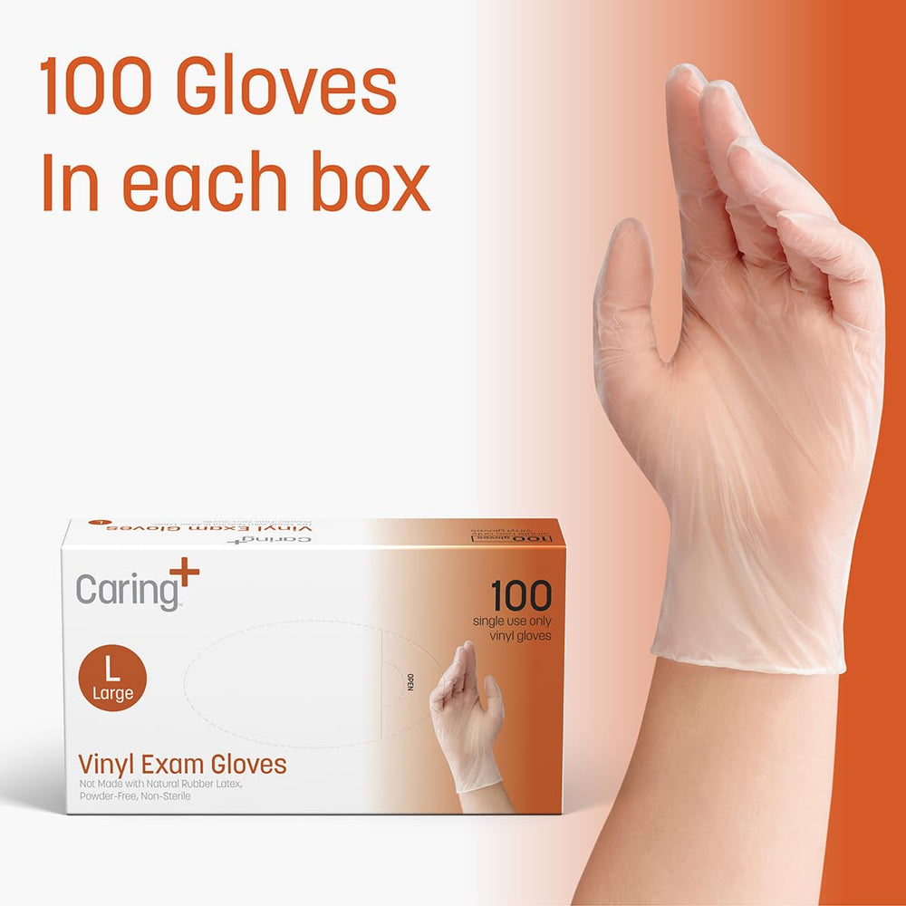 Caring vinyl exam gloves XL textured grip for precise handling.