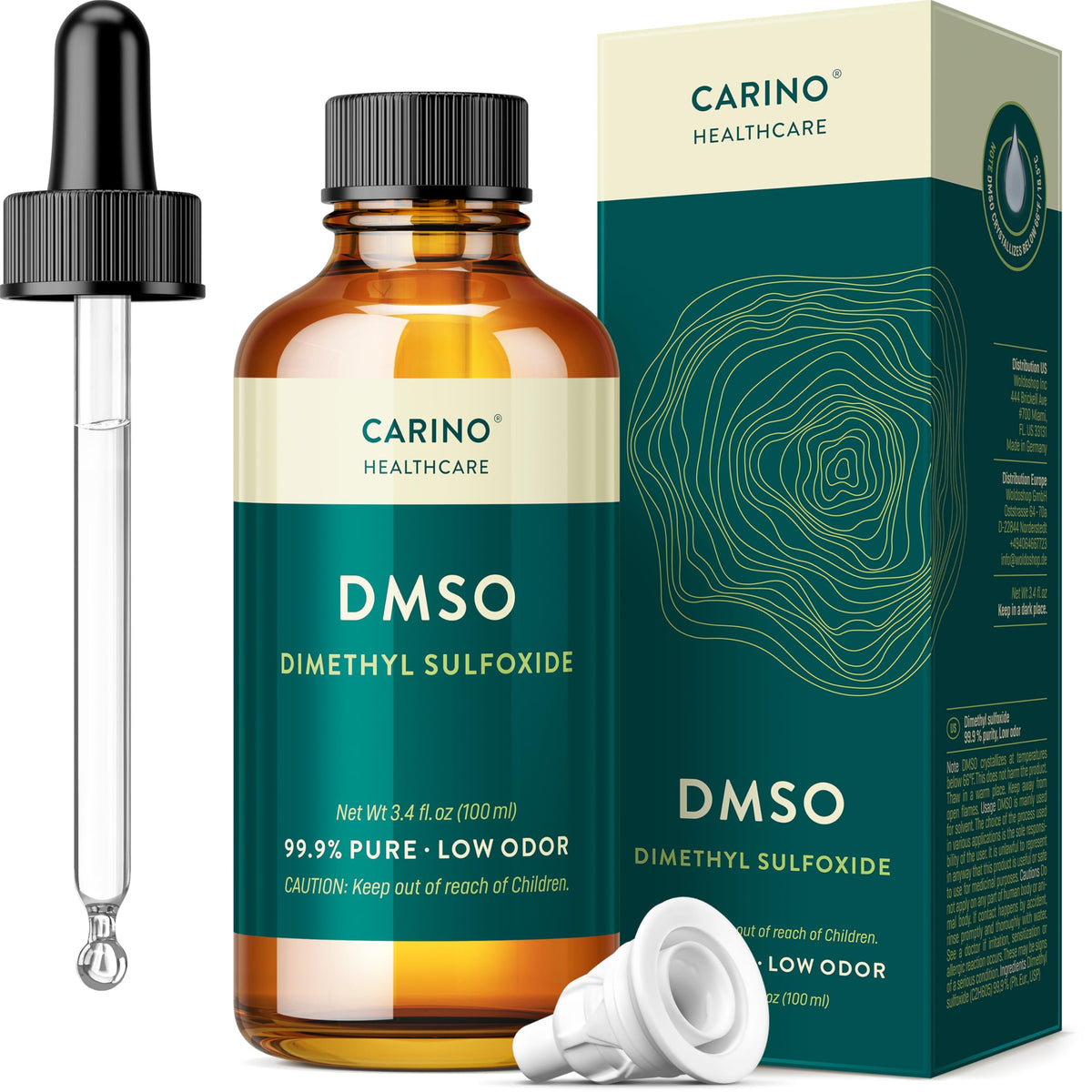 Carino HealthCare DMSO 99.9% purity bottle with precise dosing.