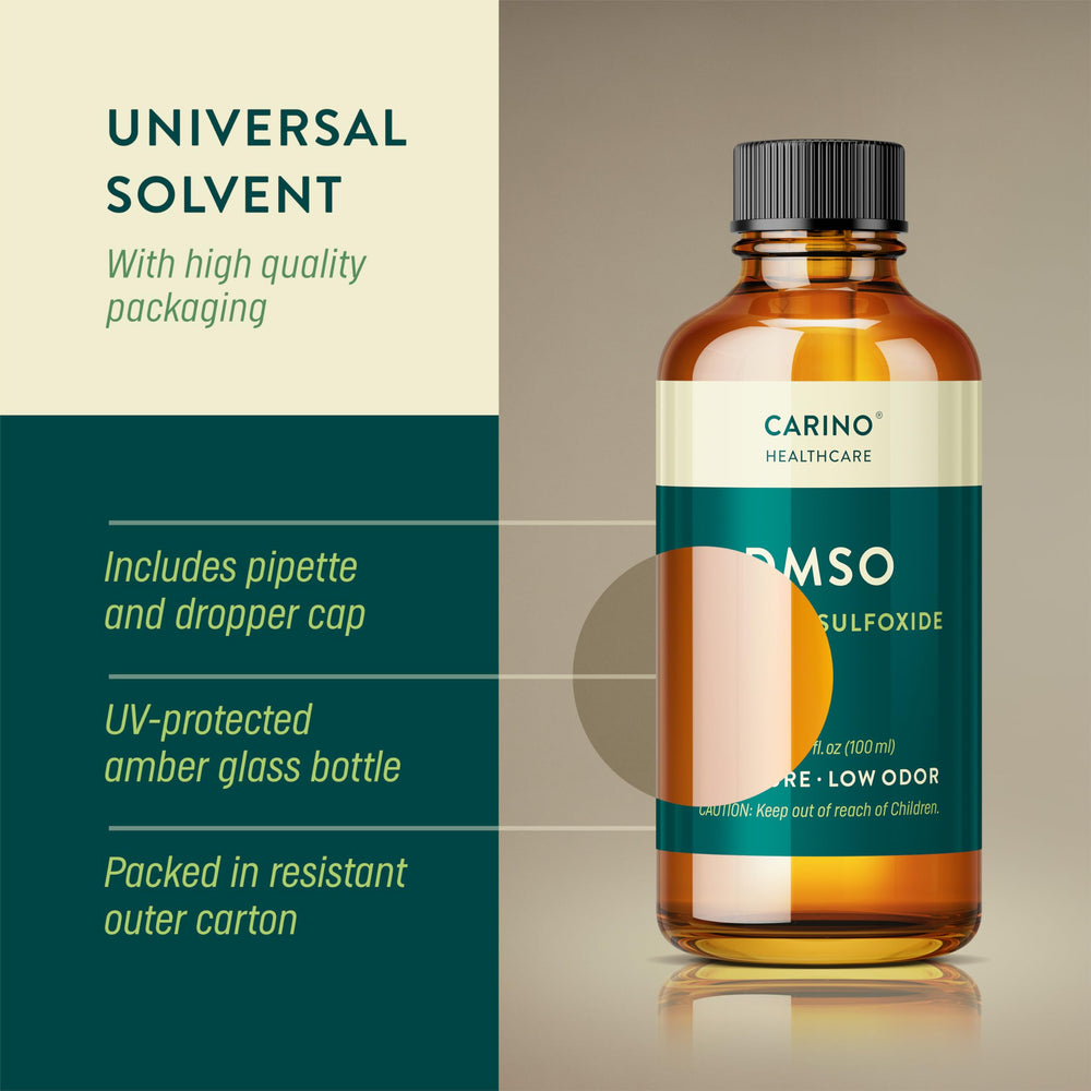 Carino HealthCare DMSO amber glass bottle protects contents from light.