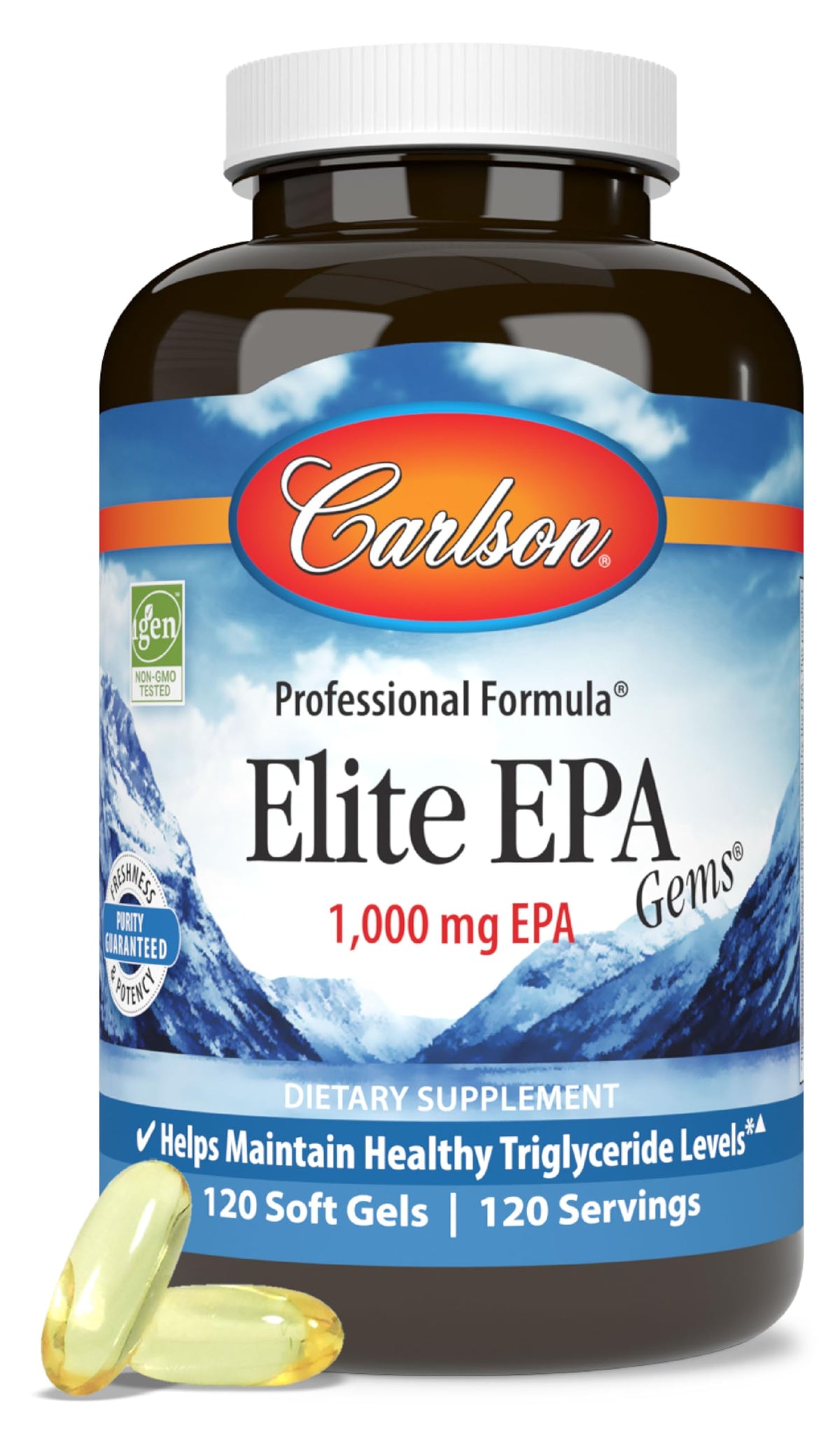 Carlson Elite EPA Gems bottle-front with 1,000 mg EPA per capsule detail