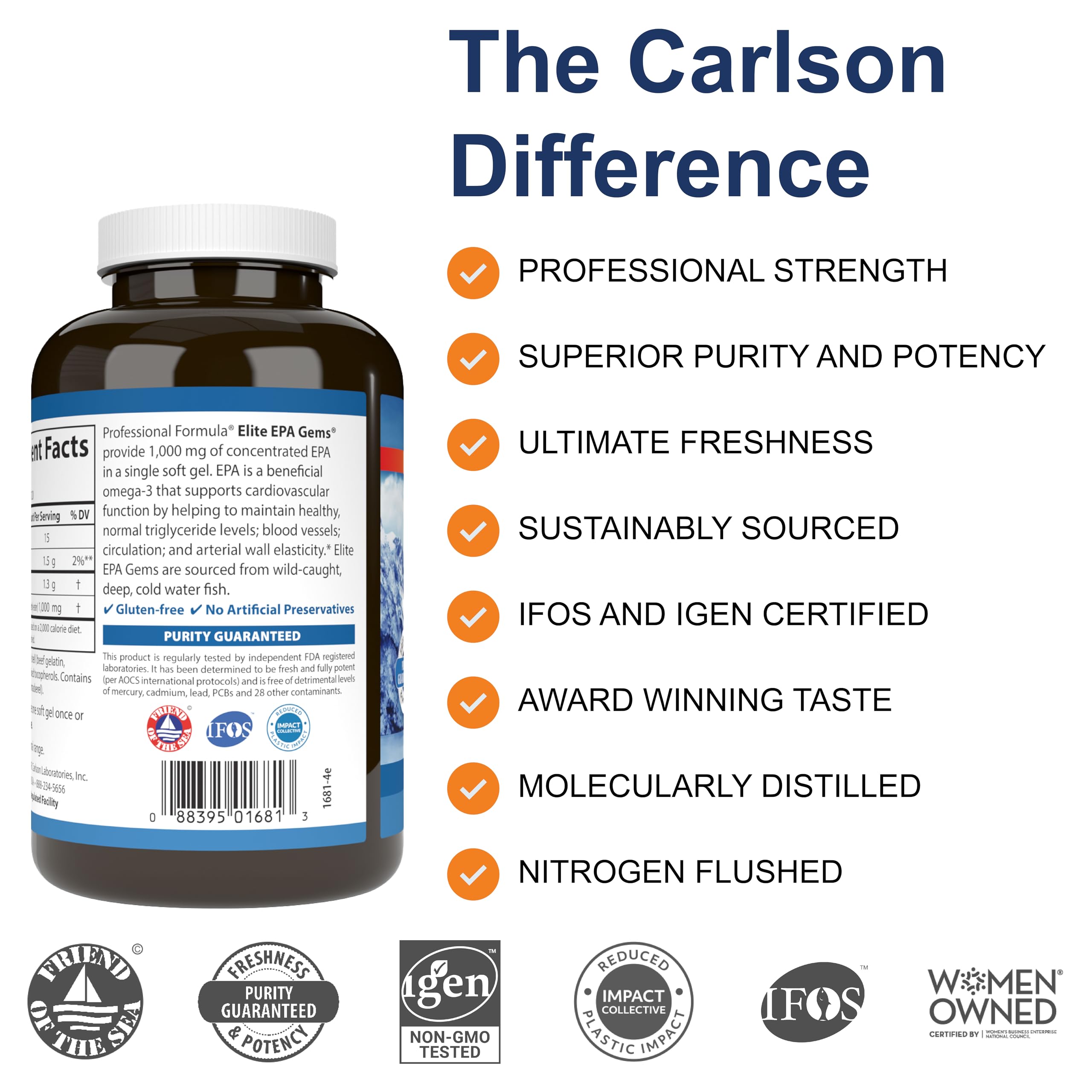 Carlson Elite EPA Gems bottle-side shows sustainability and certifications
