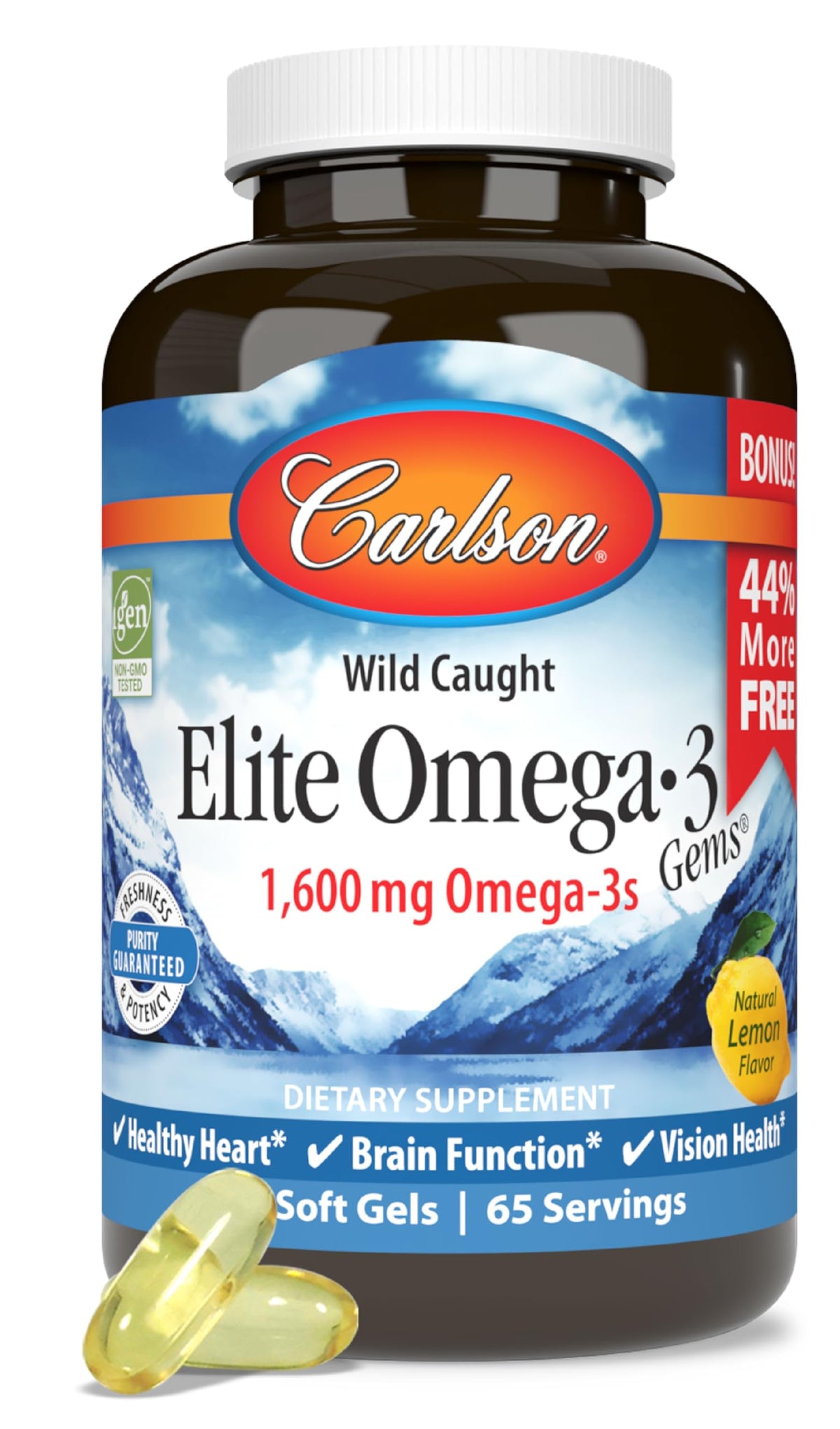 Carlson Elite Omega-3 Gems bottle for daily supplementation and convenience
