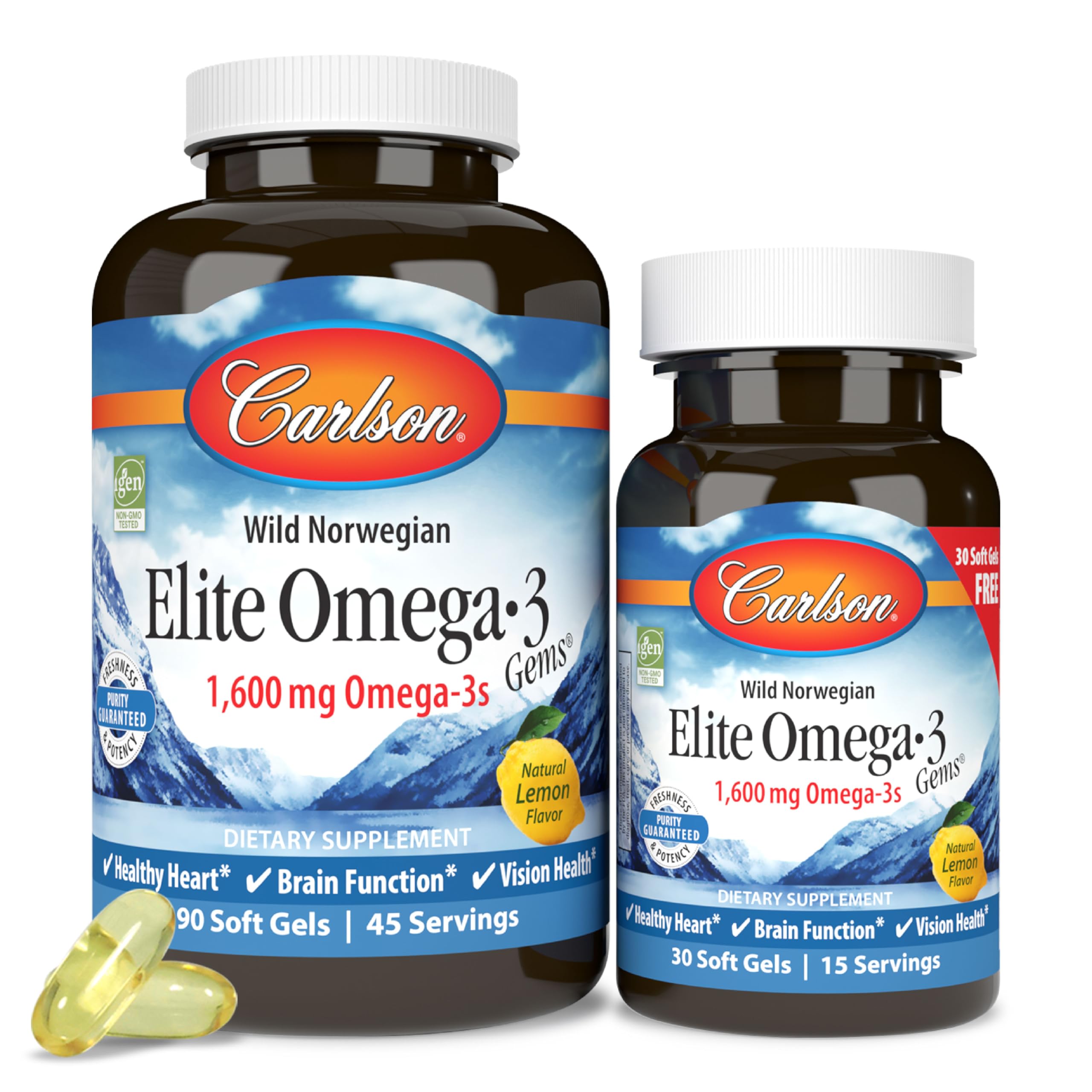Carlson Elite Omega-3 Gems lemon bottle supports daily omega-3 intake for heart, brain, and vision support