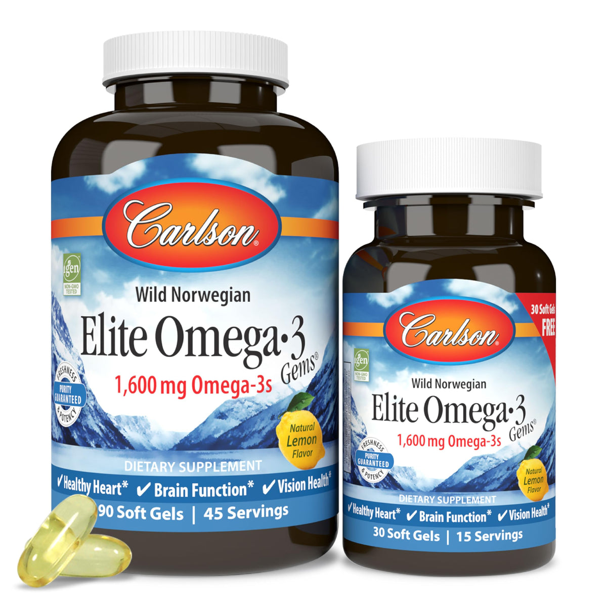 Carlson Elite Omega-3 Gems lemon bottle supports daily omega-3 intake for heart, brain, and vision support