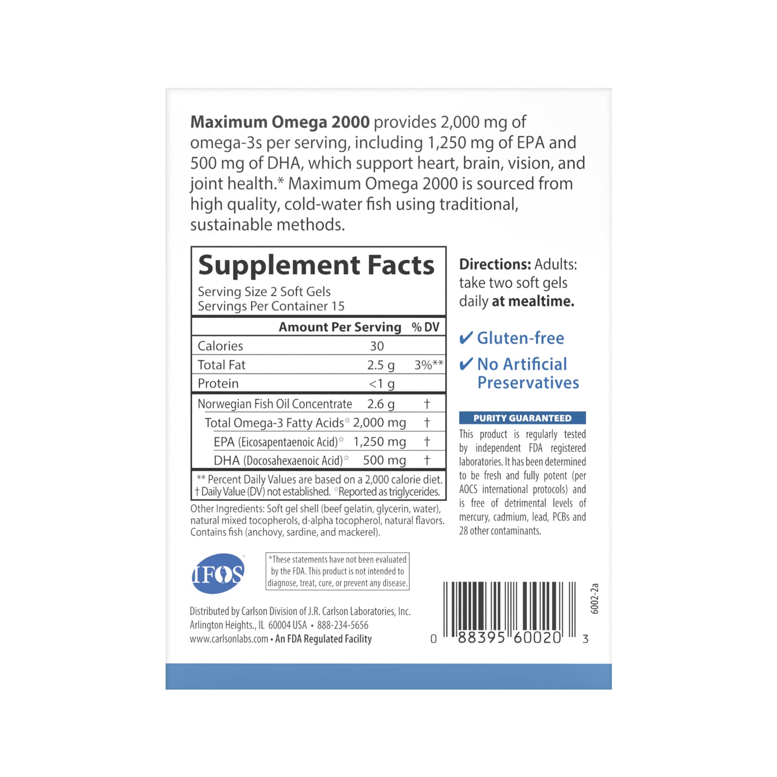 Carlson freshness and purity seal indicates FDA-registered lab testing.