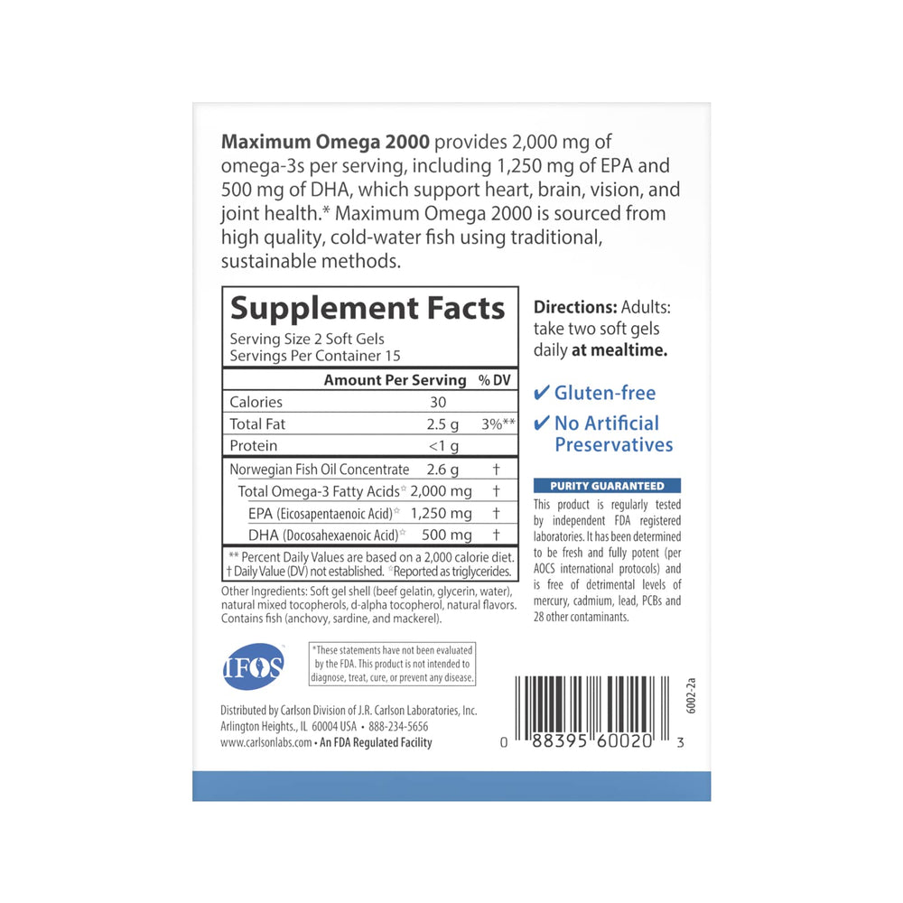 Carlson freshness and purity seal indicates FDA-registered lab testing.