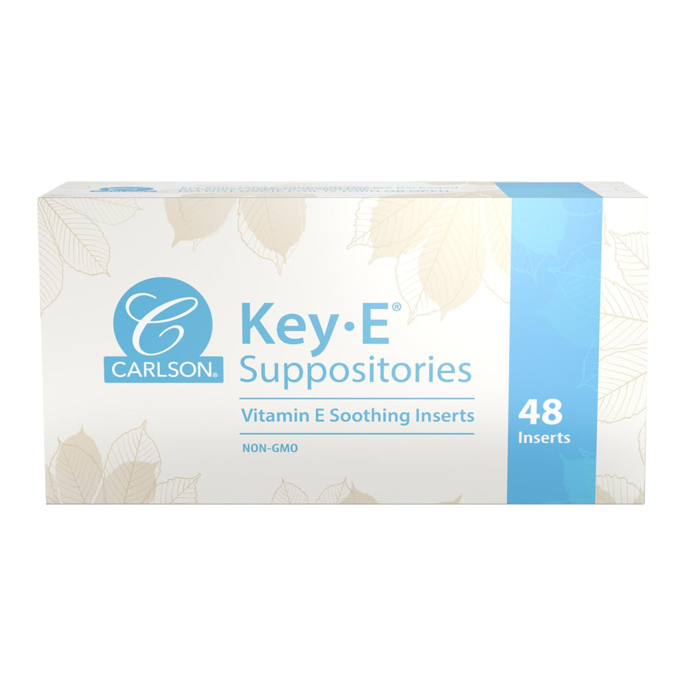 Carlson Key-E Suppositories packaging front shows 48-count box for moisture care