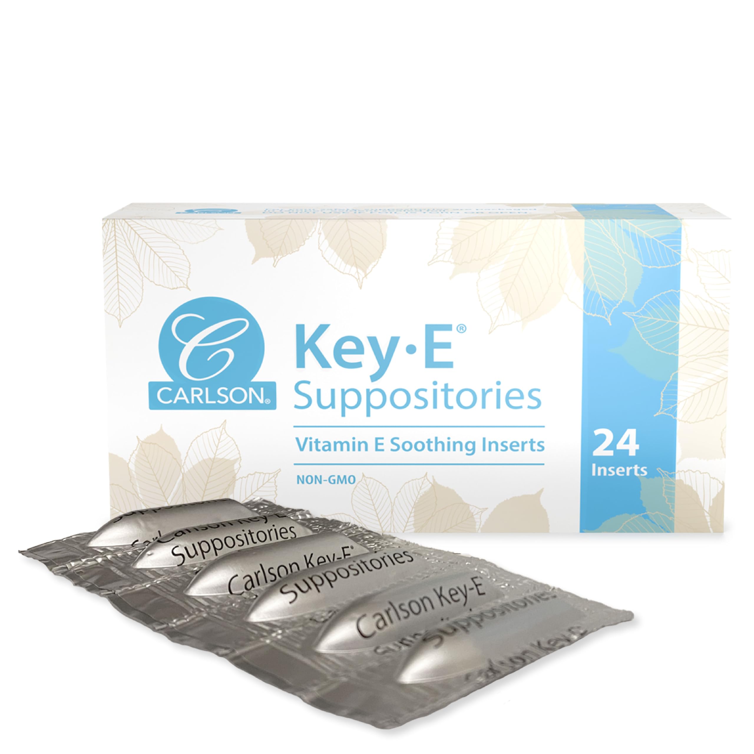 Carlson Key-E suppositories packaging for discreet, compact storage.